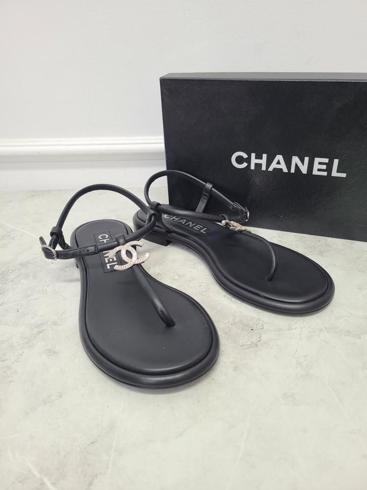 CHANEL Black CC Logo Diamante T-Strap Sandals SKU 37.5 | eBay