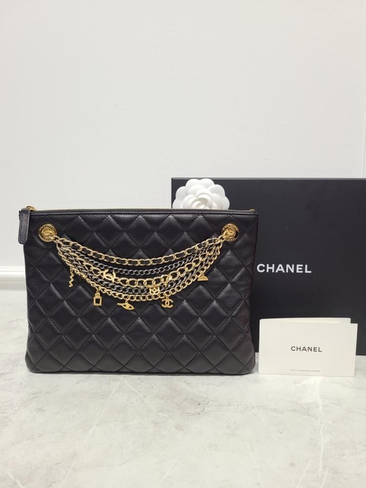 CHANEL Black Lamb Gold-tone Charm Chain Clutch Medium