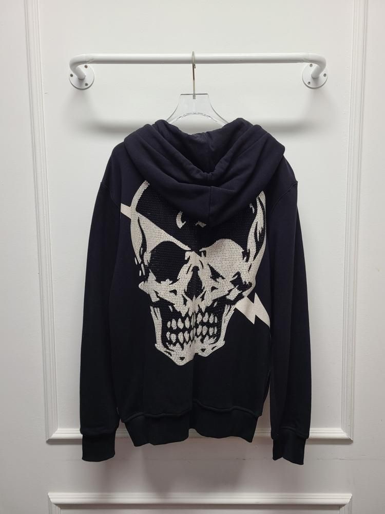 激安/新作 Plein Philipp Black Hoodie Zip Keyring Swarovski Skull Big 帽子