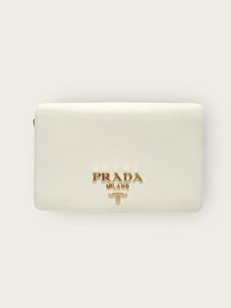 Prada White Gold-Tone Metal Logo Saffiano Mini Shoulder Bag