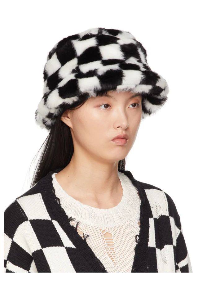 R13 Black White Faux Fur Bucket Hat