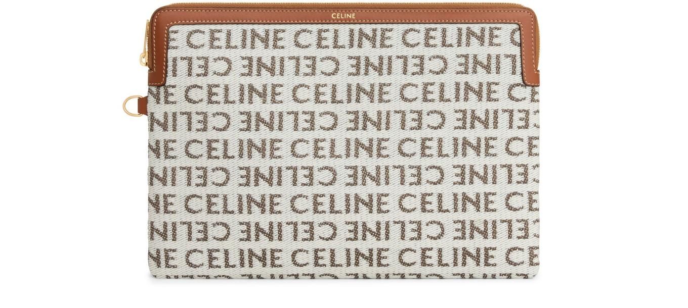 CELINE Triomphe Clutch with chain in triomphe canvas and lambskin  (10E382CBX.01TA, 10E382CBX.04LU)