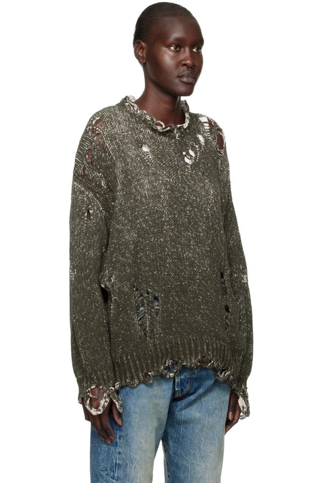 R13 Khaki Distressed Oversized Sweater