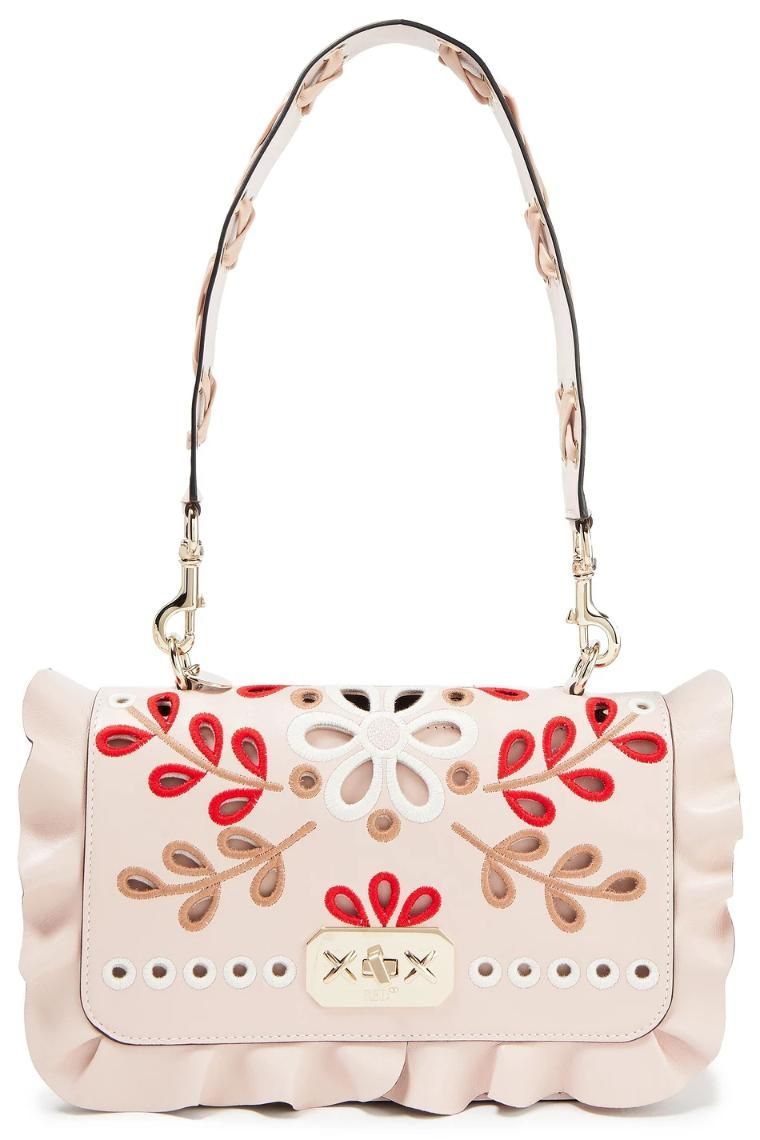 Red (V) shoulder bag with broderie anglaise