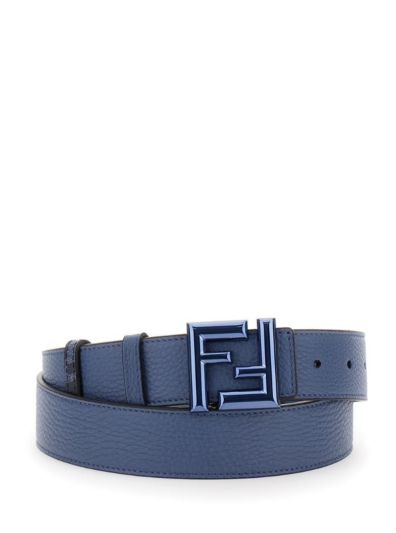 펜디 남성 Blue Reversible Belt with FF Rounded Buckle in Leather and Canvas Woman