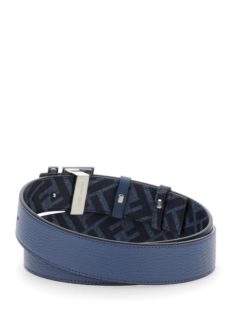 펜디 남성 Blue Reversible Belt with FF Rounded Buckle in Leather and Canvas Woman
