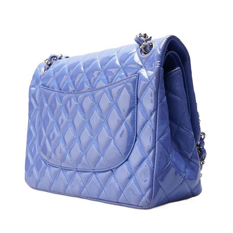 CHANEL Blue Patent Classic Flap Silver Chain Large Shoulder