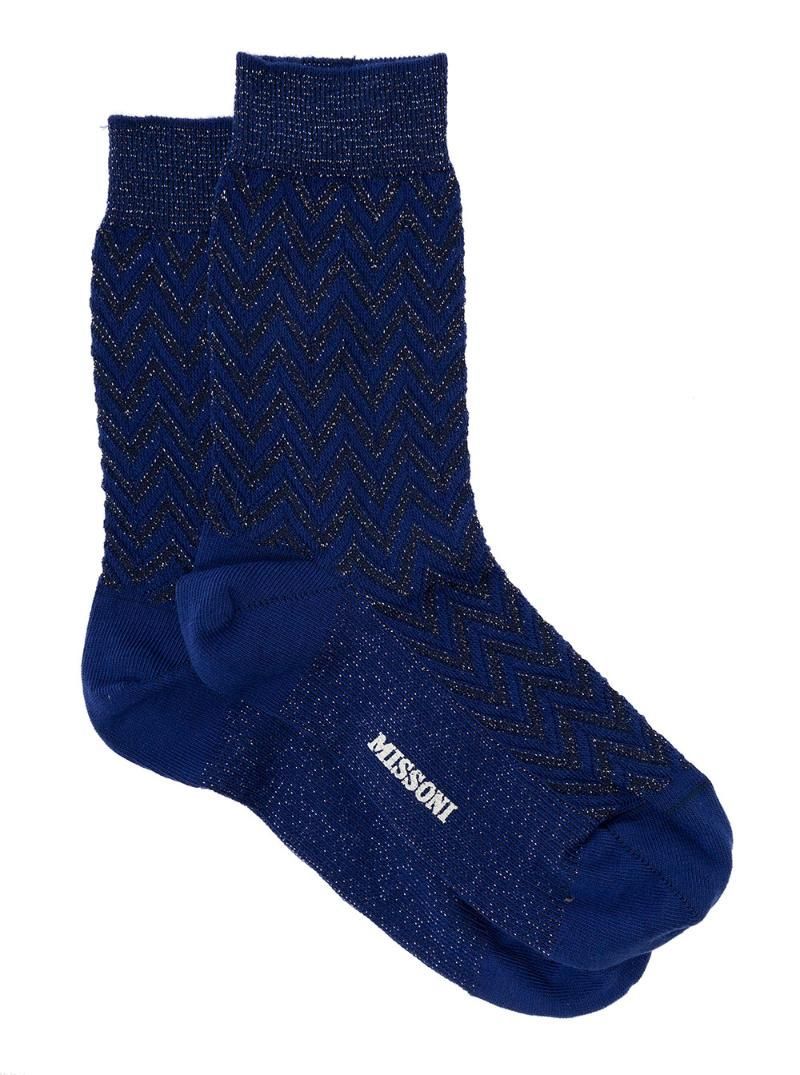 MISSONI 블랙 앤 블루 아이코닉 지그재그 쇼트 양말, 경량 Lam�� 니트 여성 Missoni CZ00CMD87730004