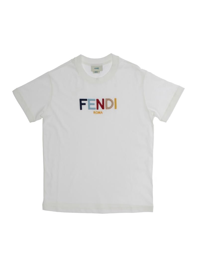 FENDI KIDS JUI1727AJF0TU9 White T Shirt with Multicolor Logo Lettering in Cotton Boy