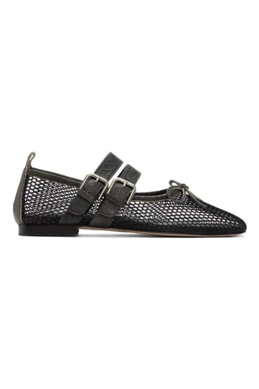 [OPEN YY]Black Mesh Buckle Ballerina Flats 241731F118005