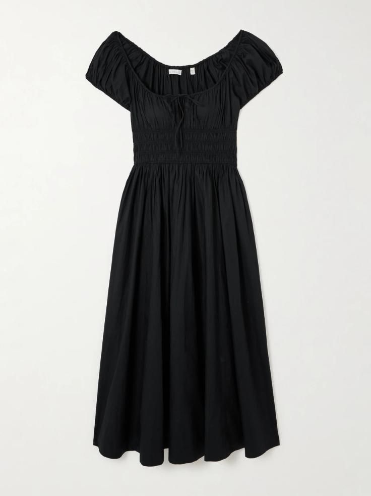 DOEN Quinn tie detailed shirred organic cotton poplin midi dress