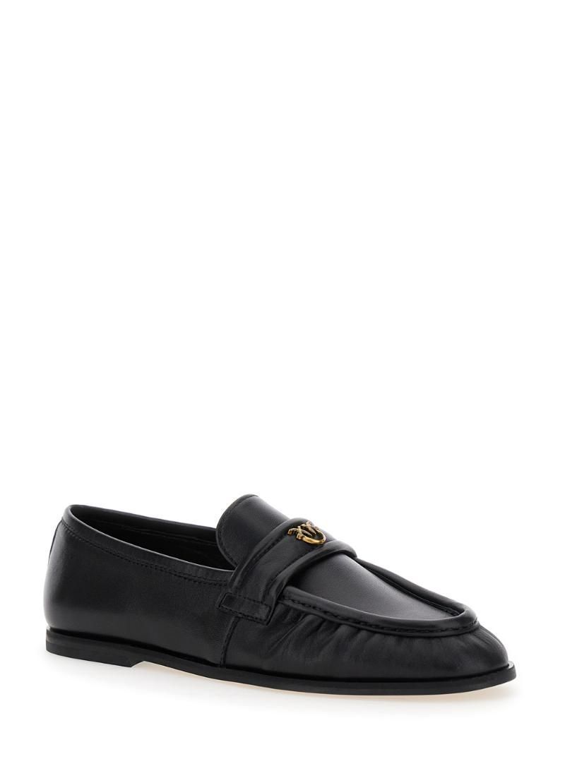 PINKO Black Loafers with Front Metal Logo Detail in Leather Woman SD0349P003Z99