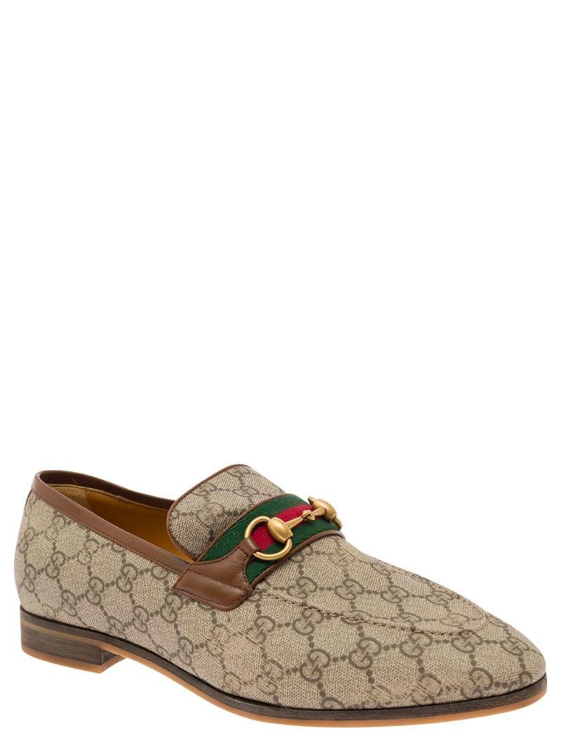 GUCCI &#39;Paride&#39; 홀스빗과 웹 디테일의 베이지 로퍼 GG 수프림 캔버스 맨 759648FACCIQ9756