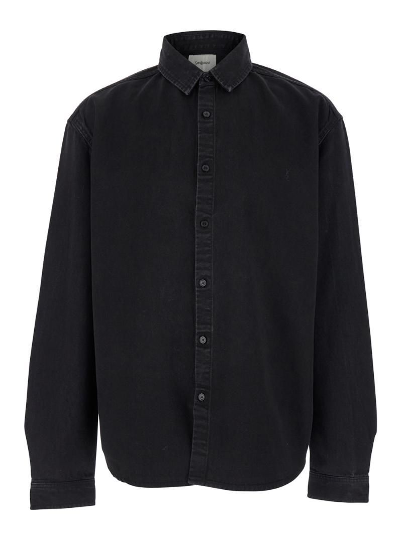 SAINT LAURENT Black Oversized Shirt with Tonal Cassandre Embroidery in Denim Man 800328Y32XA1158