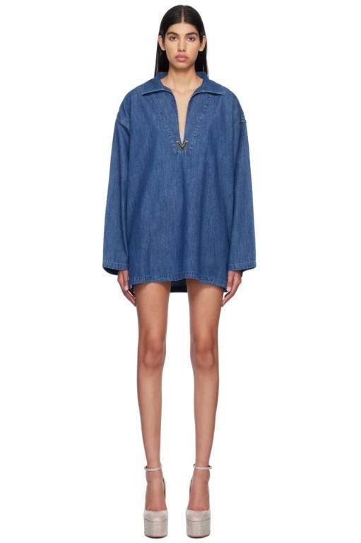 발렌티노 원피스 블루 브이넥 데님 미니 드레스 231476F109001