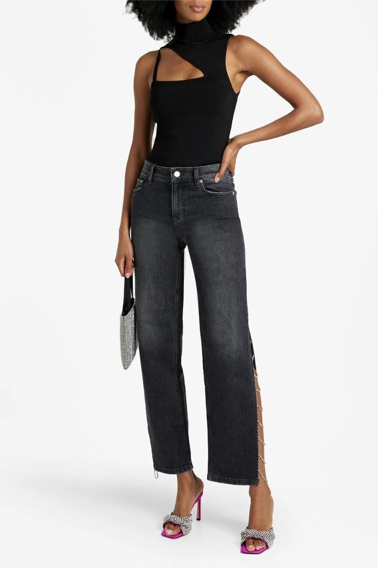 ALICE + OLIVIA JEANS Gayle crystal embellished mid rise straight leg jeans 1647597345186120