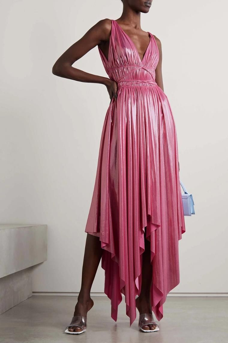 노르마카말리 Goddess asymmetric gathered stretch lame dress 1647597348322707