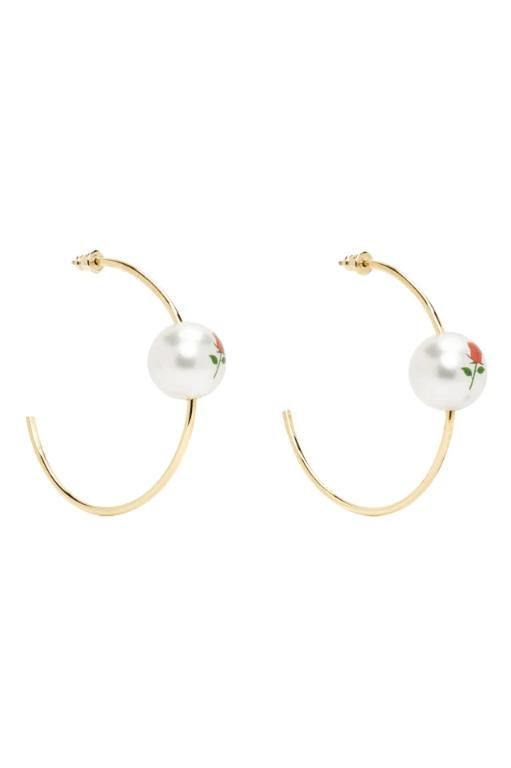 [Safsafu]Gold Pearl   Roses Hoop Earrings 232413F022000