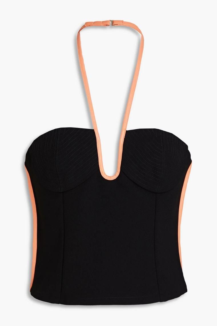PARIS GEORGIA Nassia faux leather trimmed crepe halterneck top 1647597319766918