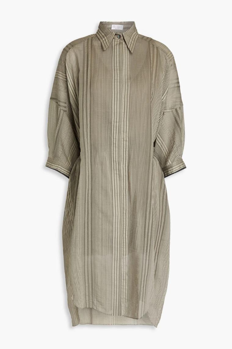 브루넬로 쿠치넬리 Bead embellished striped cotton and silk blend seersucker midi shirt dress 1647597336890688
