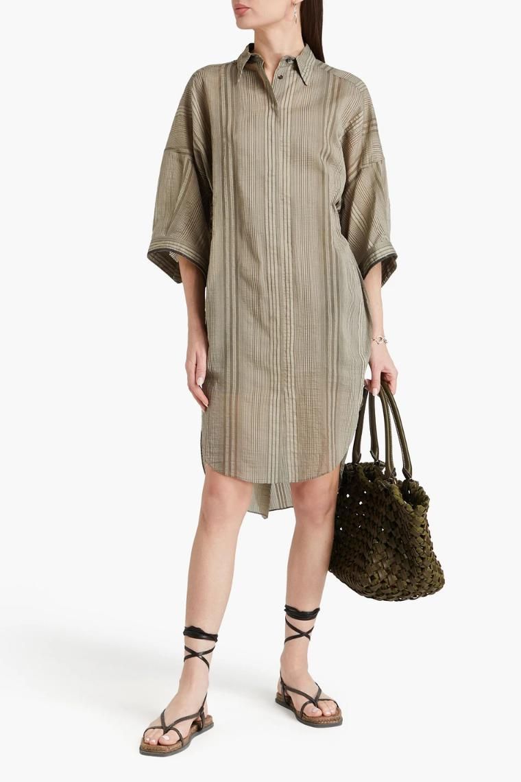 브루넬로 쿠치넬리 Bead embellished striped cotton and silk blend seersucker midi shirt dress 1647597336890688