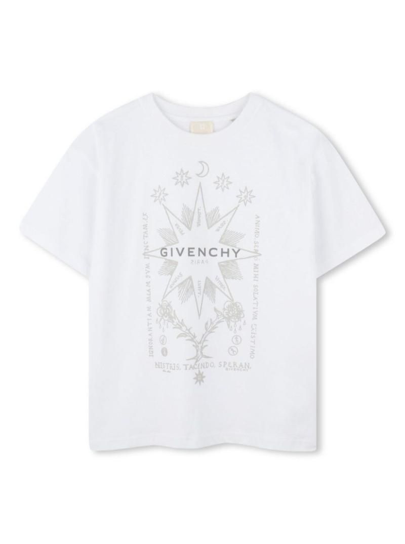 지방시키즈 White Crewneck T Shirt with Maxi Logo Print on the Front and Logo Lettering on the Rear in Cotton Boy White H3073410P