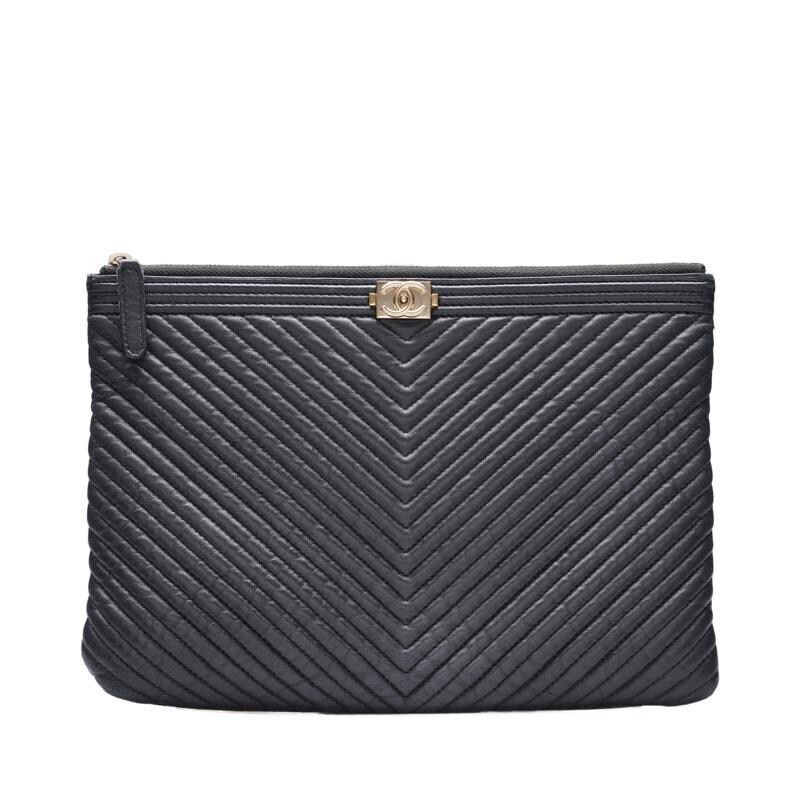 CHANEL Black Chevron Boy Gold Medium Clutch - SKU XXXXXXXX CHANEL Black Chevron Boy Gold Medium Clutch - SKU XXXXXXXX
