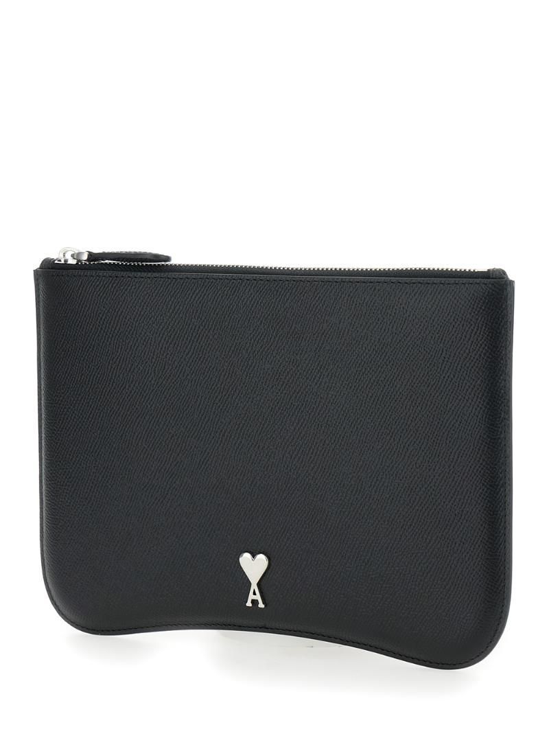 AMI PARIS USL025AL00360014 Paris ParisBlack Pouch with Ami de Coeur Logo Detail on the Front in Grained Leather Man