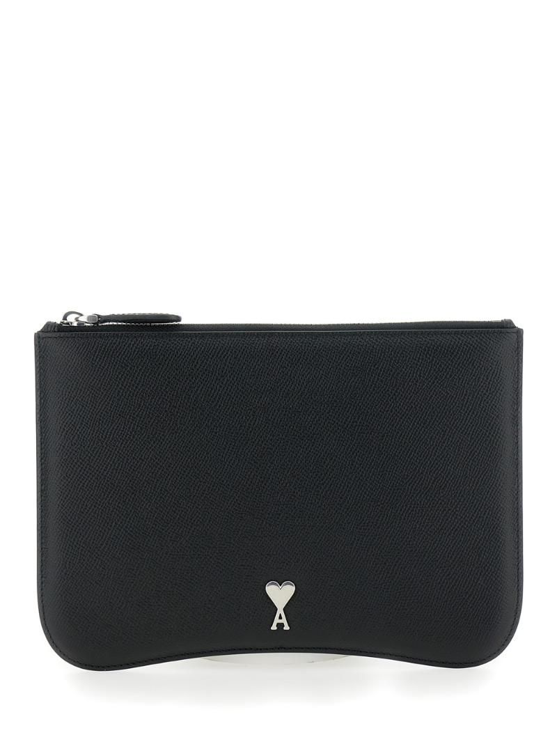 AMI PARIS USL025AL00360014 Paris ParisBlack Pouch with Ami de Coeur Logo Detail on the Front in Grained Leather Man