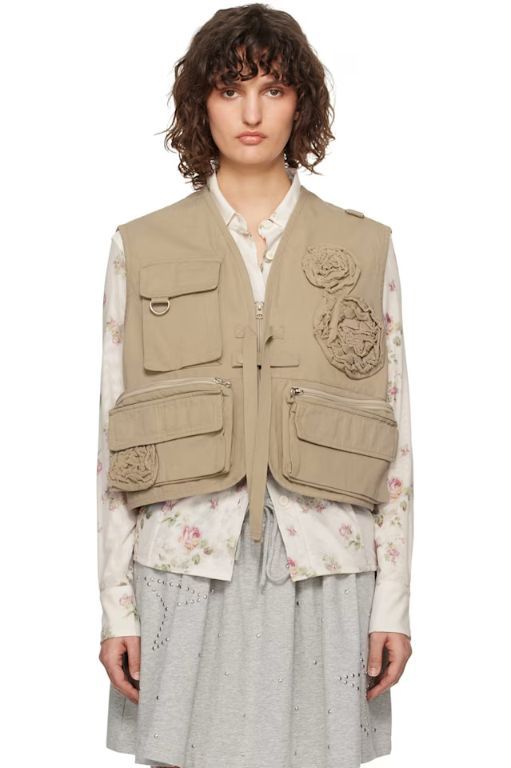 [OPEN YY]Beige Applique Cargo Vest 251731F068001