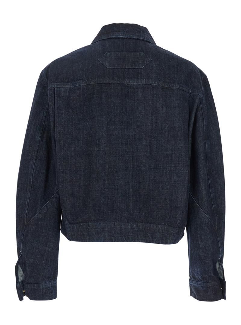 쟈크뮈스 La Veste De Nimes Canevas Blue Jacket with Classic Collar and Logo Lettering on the Front in Denim Man Blu 255DE0551782390