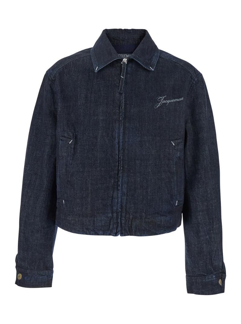 쟈크뮈스 La Veste De Nimes Canevas Blue Jacket with Classic Collar and Logo Lettering on the Front in Denim Man Blu 255DE0551782390