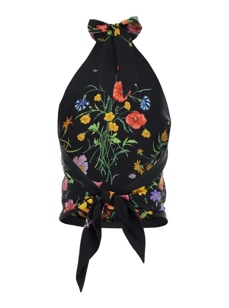 구찌 여성 Flora Multicolor Top with Halterneck and All Over Floral Motif in Silk Woman