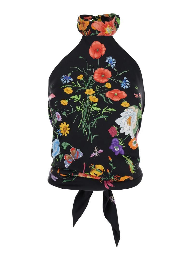 구찌 여성 Flora Multicolor Top with Halterneck and All Over Floral Motif in Silk Woman