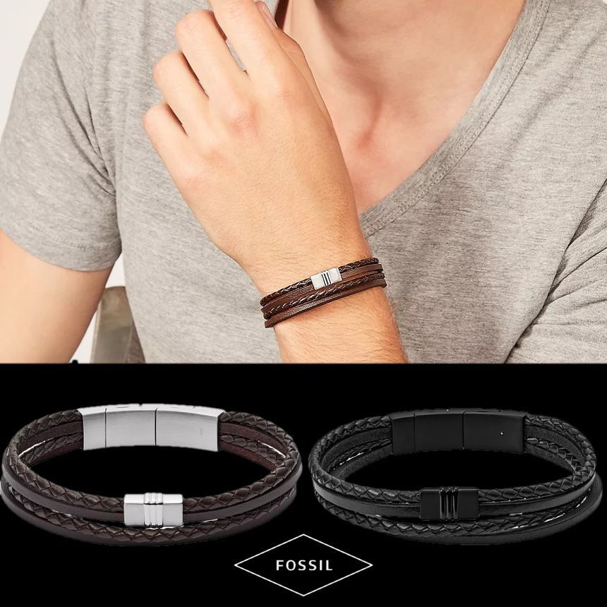 파슬 Fossil JF03098001 남자 여자 멀티 스탠드 브레이디드 가죽 팔찌