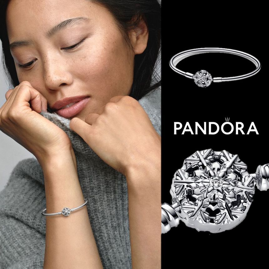 판도라 Pandora 592286C01 OS 여자 남자 Moments 스털링 실버 스파클링 눈꽃송이 뱅글 팔찌