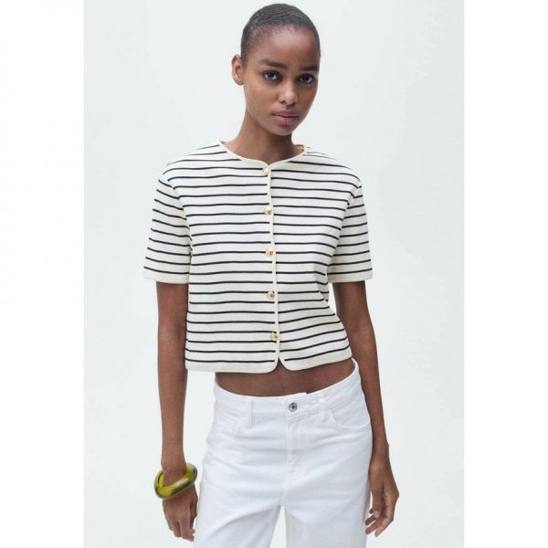 망고(Mango) | 여성 숏 슬리브 스트라이프 셔츠 Womens Short Sleeve Striped Shirt 20758759 Forest Green | 트렌비
