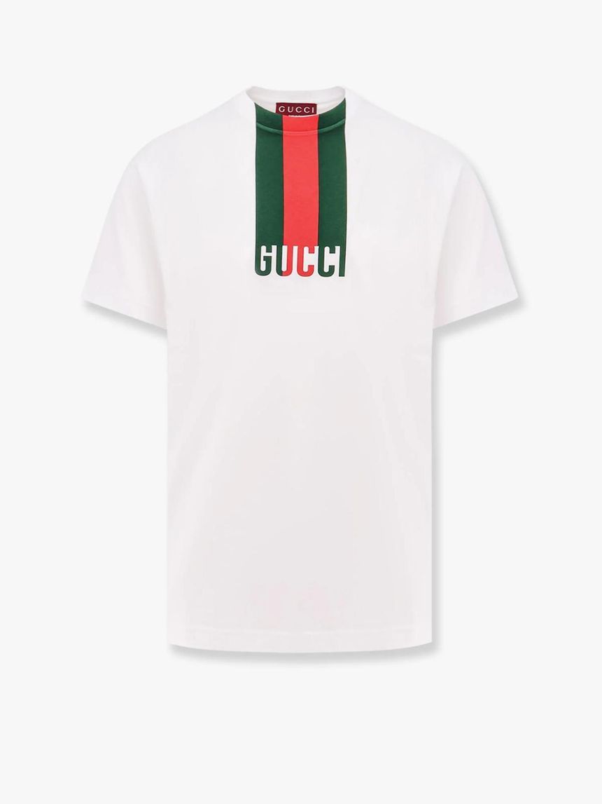 GUCCI Cotton T shirt with lettering logo and Gucci Web band 796395XJG25