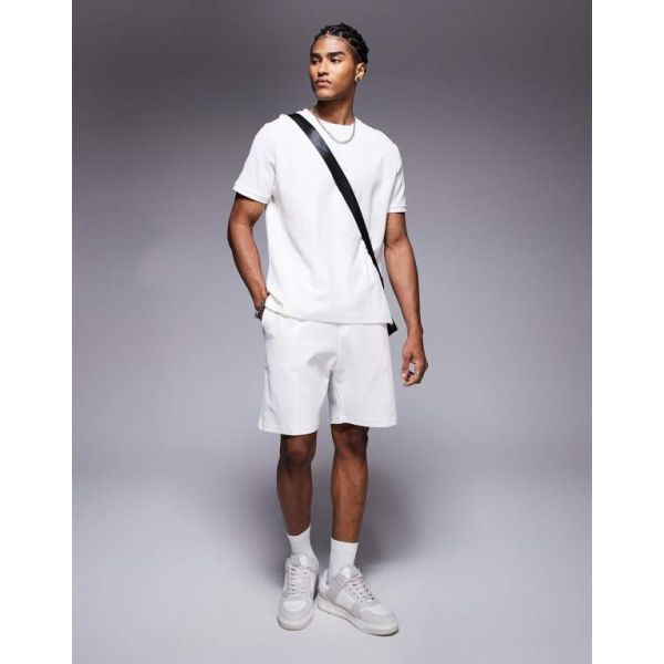 Bershka 베르샤 텍스처드 와플 쇼츠 화이트 - 세트 상품의 일부