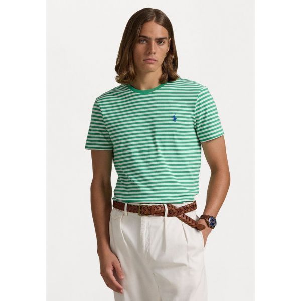 Ralph Lauren 폴로 랄프 로렌 커스텀 슬림 핏 스트라이프 저지 티셔츠 - 프린트 여름 에메랄드/화이트