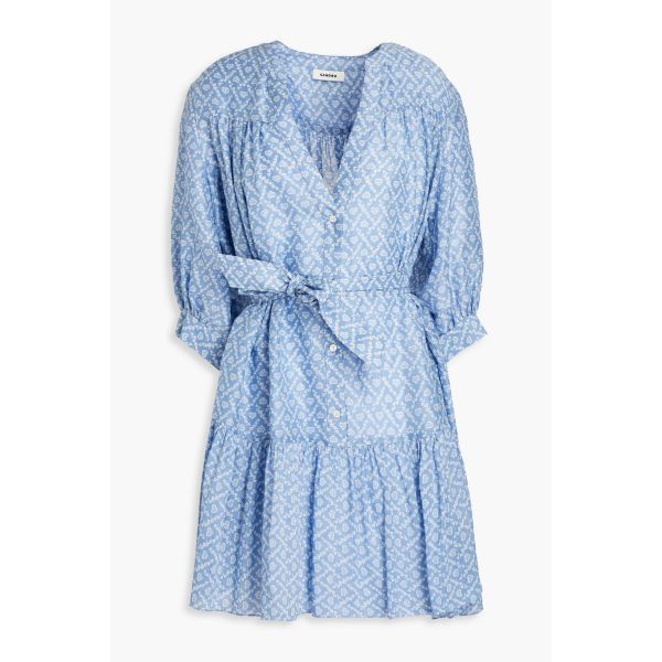 산드로 Tiered floral-print crepe mini dress - Light blue 150340
