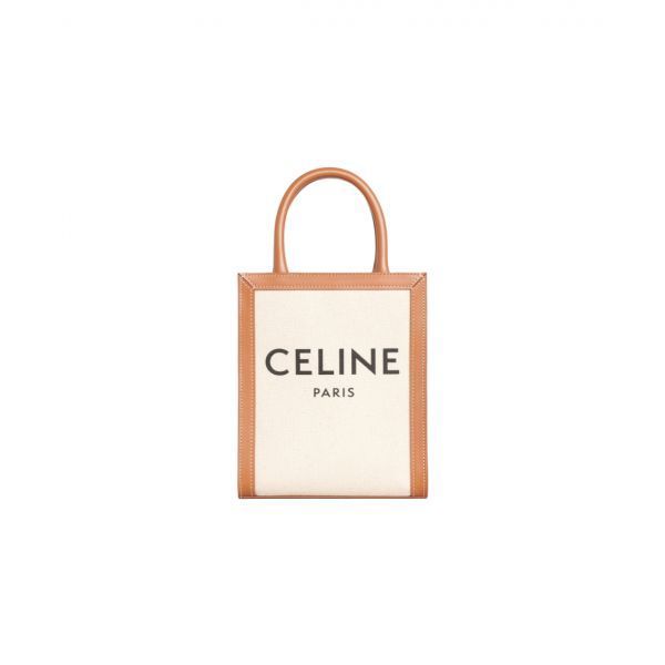 셀린느 프린트 텍스타일 & 카프스킨 미니 버티컬 카바스 내츄럴 탄 Celine Mini Vertical Cabas Celine in Textile with Celine Print and Calfskin Natural Tan