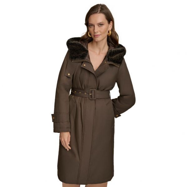 Donna Karan 뉴욕 도나 카란 여성용 인조모피 트리밍 후드 우비 3284745