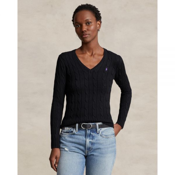 Ralph Lauren 폴로 랄프 로렌 킴벌리 케이블 니트 면 브이넥 스웨터 - 블랙
