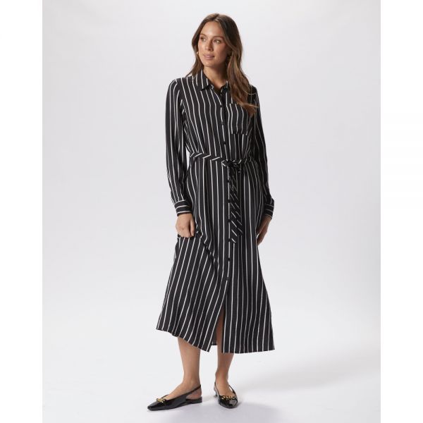 Vero Moda 베로 모다 베시 긴소매 스트라이프 셔츠 드레스 - 검정