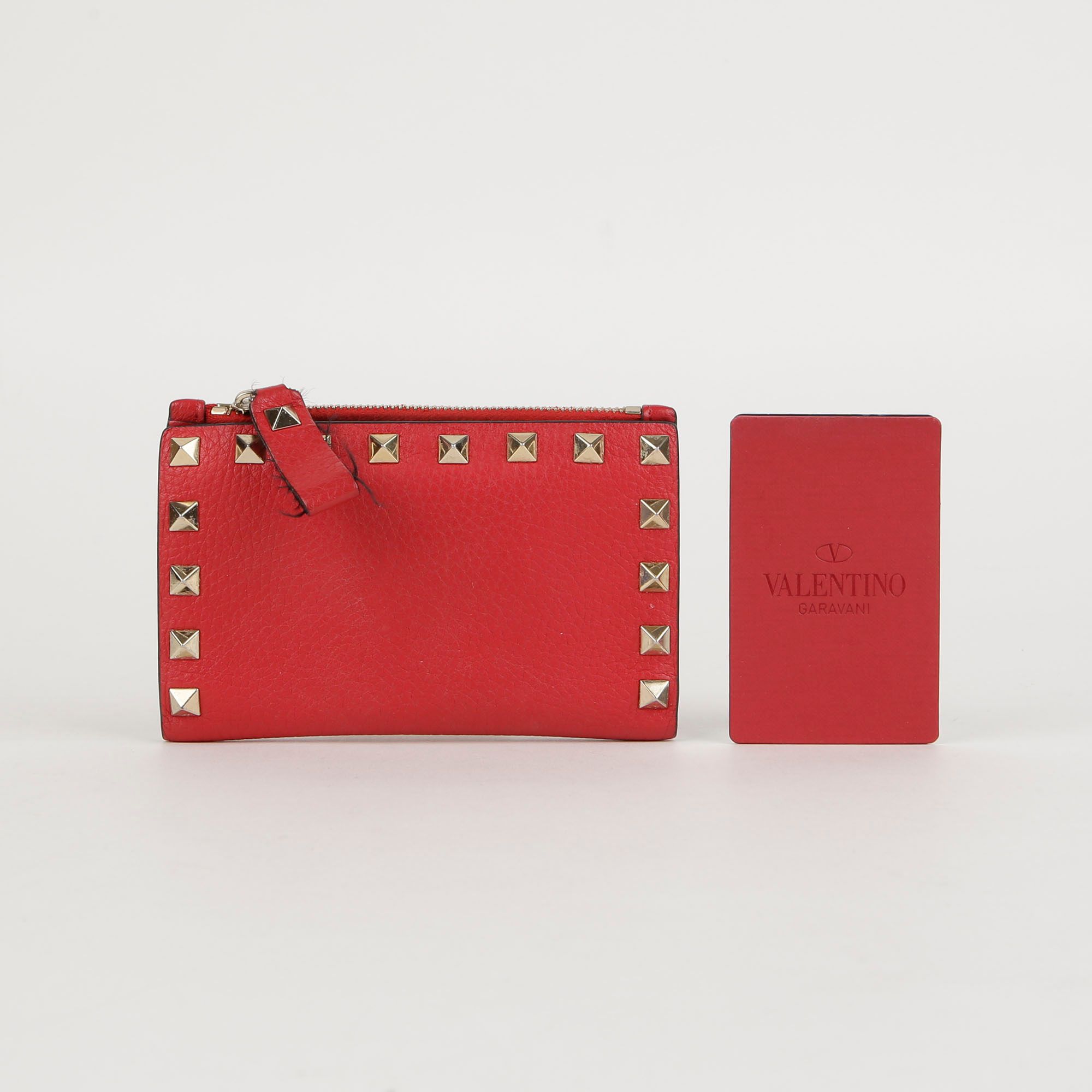 Valentino Red Leather Rockstud Zip Card Case Wallet TW2P0605