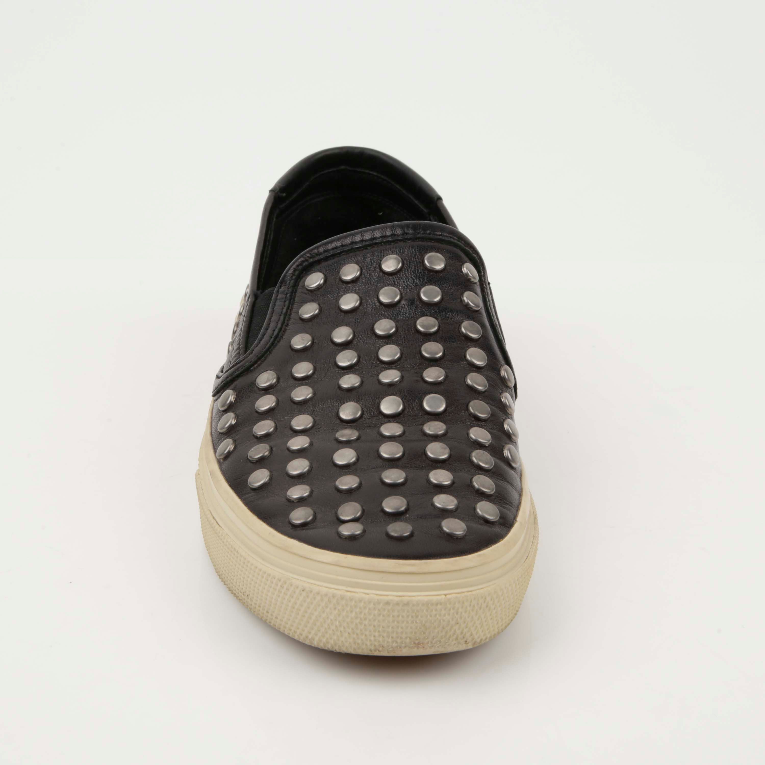 Saint Laurent Black Leather Studded Slip-On Sneakers 35