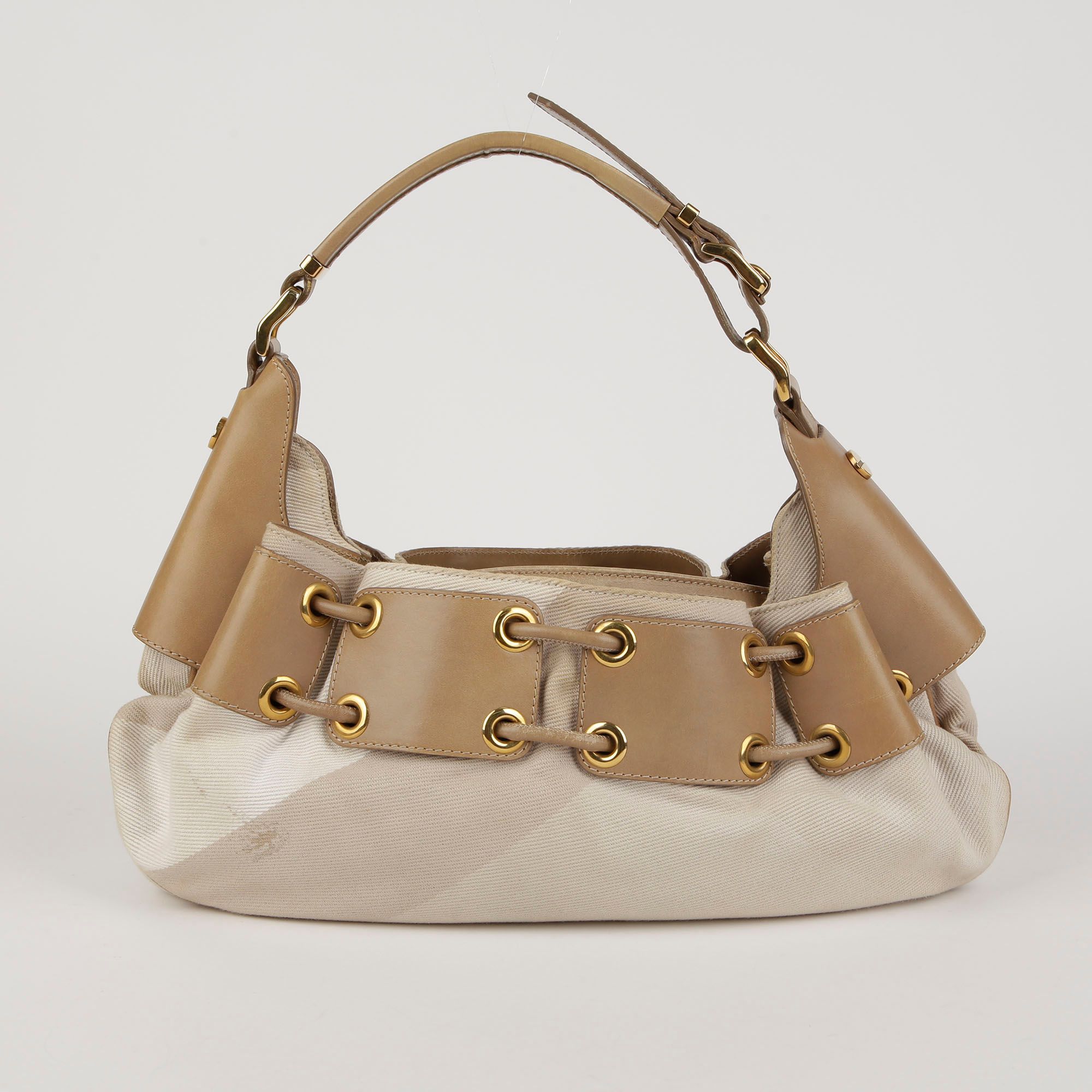 Burberry Beige Fabric Leather Trimming Hobo Shoulder Bag