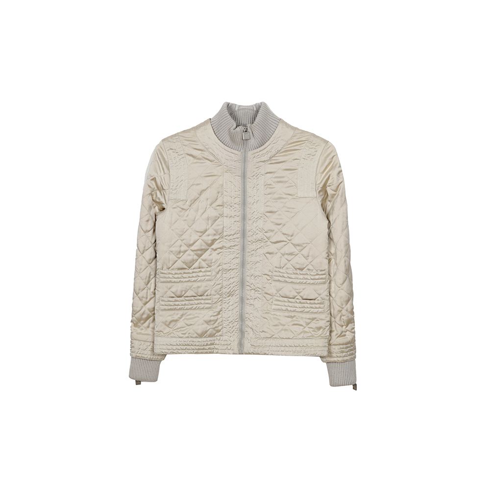 CHANEL Metallic Light Grey Quilted Zip-Up Jacket P26543 CHANEL Metallic Light Grey Quilted Zip-Up Jacket P26543