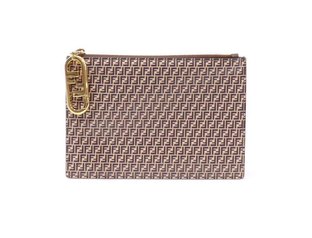 Fendi Beige Leather Micro FF Logo Zip Medium Pouch (SKU